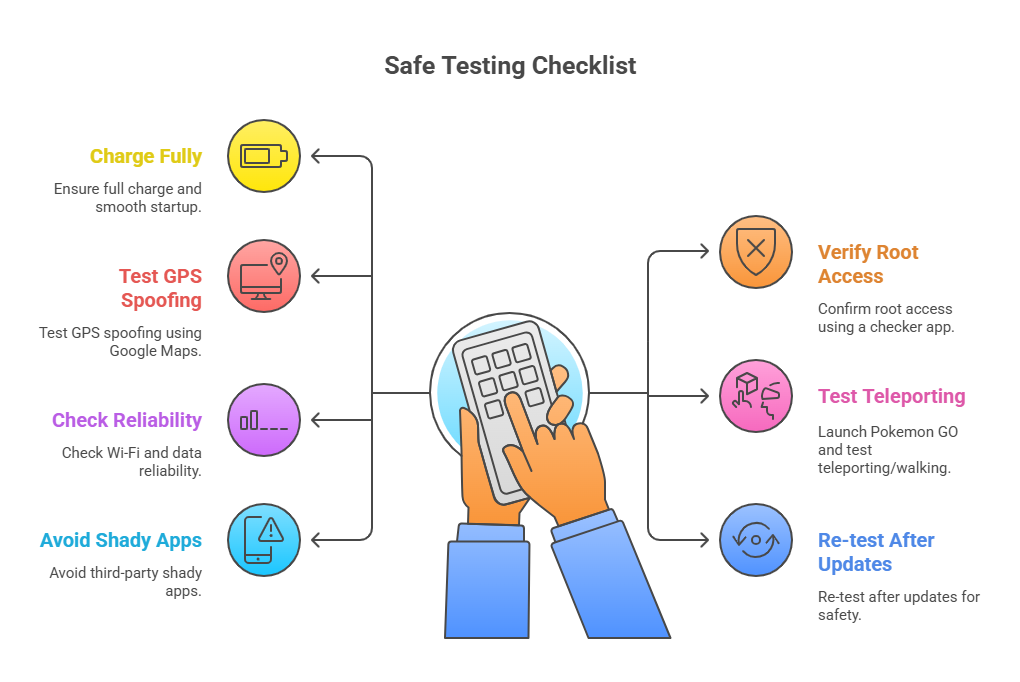 Infographic showing 7 essential steps to test a pre-rooted phone safely for Pokemon GO spoofing, source redrocksgeek.
